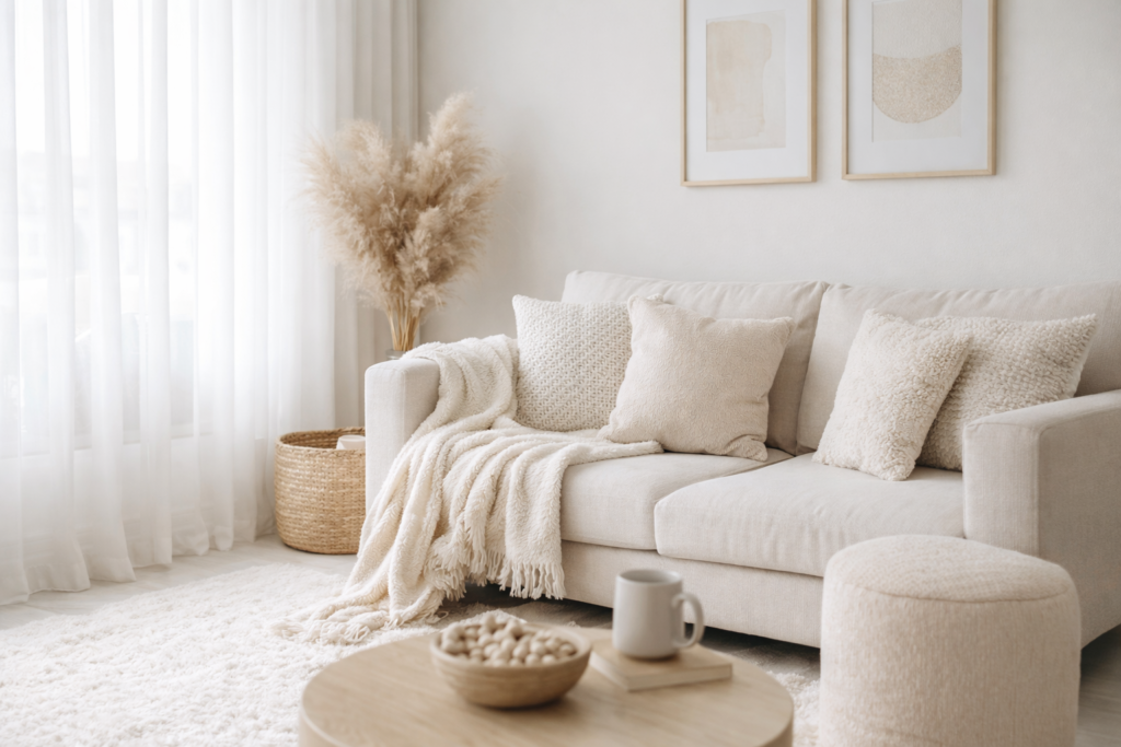 Cozy neutral living room with soft sofa, textured pillows, and natural light