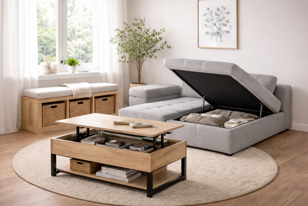 Modern living room featuring a chaise lounge with hidden storage and a lift-top coffee table designed for smart storage in a small space.