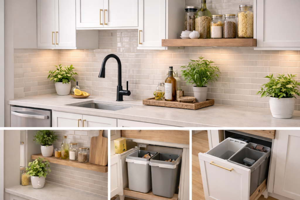 Modern kitchen with white cabinets, black faucet, floating wood shelf, and pull-out trash bins showing easy kitchen upgrade ideas.
