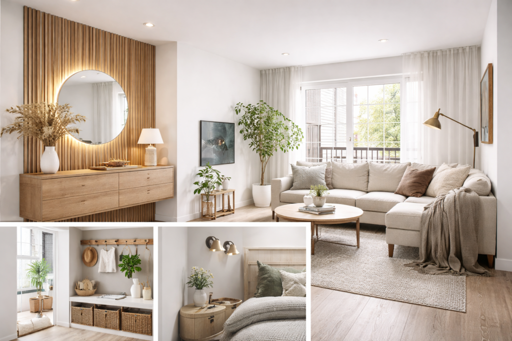 Bright modern home interior featuring simple upgrades such as a wood slat accent wall, round mirror, entry bench storage, and soft neutral living room decor.