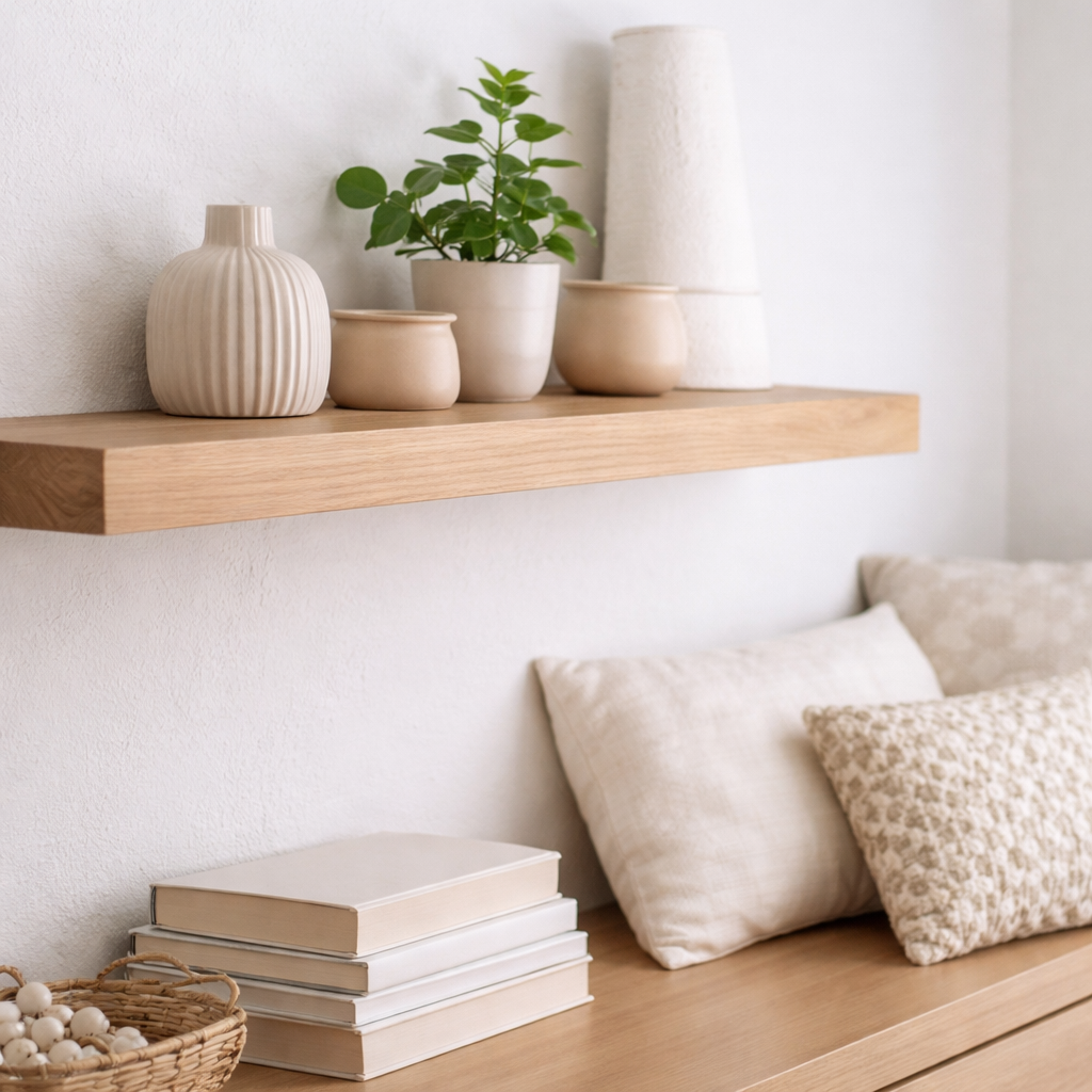 Neutral-toned floating shelf styled with ceramic vases, a small potted plant, stacked books, and textured cushions for a warm, tidy decor look.
