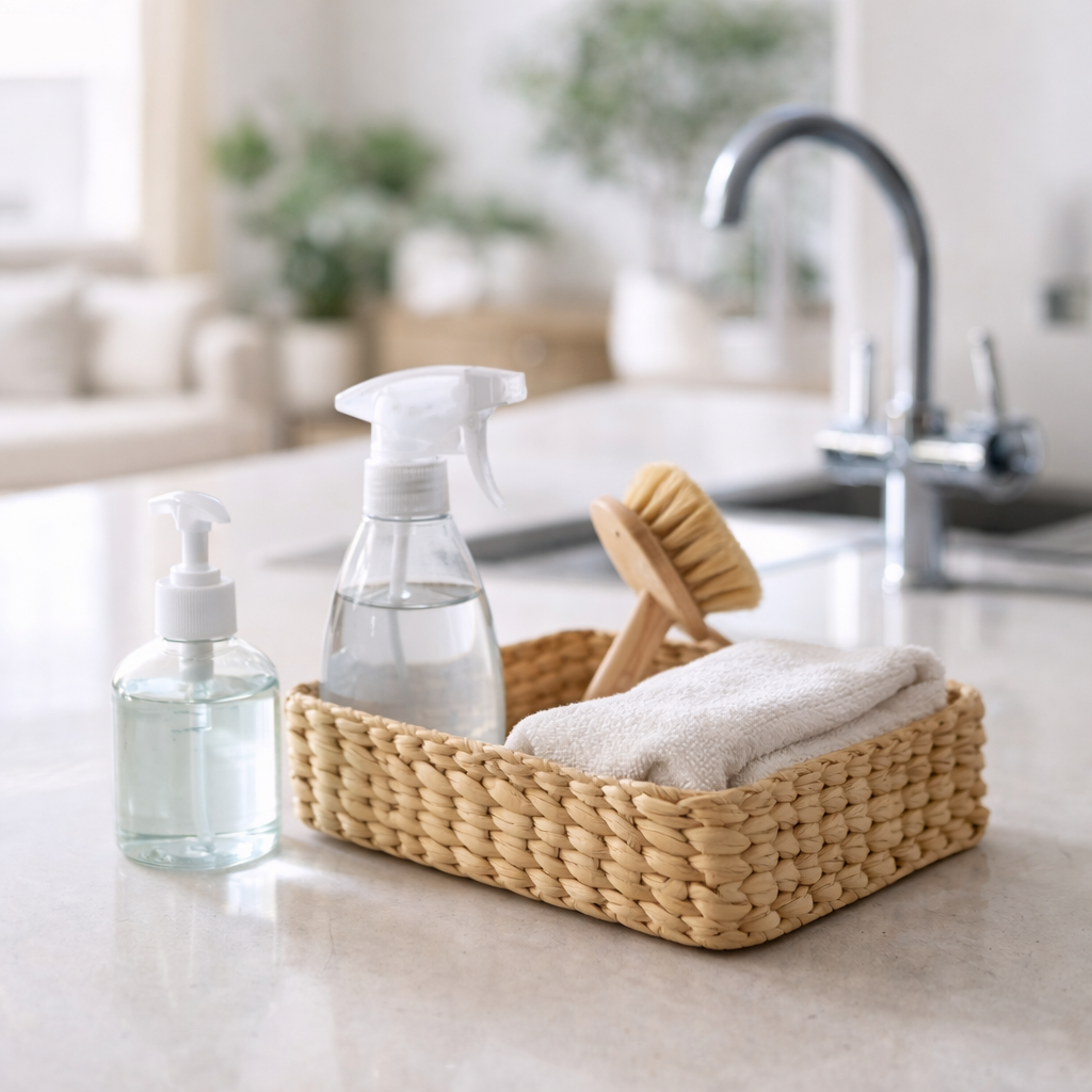 Woven basket with cleaning spray, soap dispenser, brush, and folded cloth on a kitchen counter for simple cleaning and reset tips.