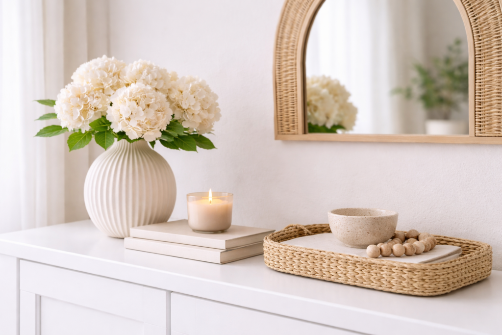 Minimalist home decor setup with white hydrangeas in a ceramic vase, a lit candle on stacked books, and a woven tray with decorative beads on a modern console table.