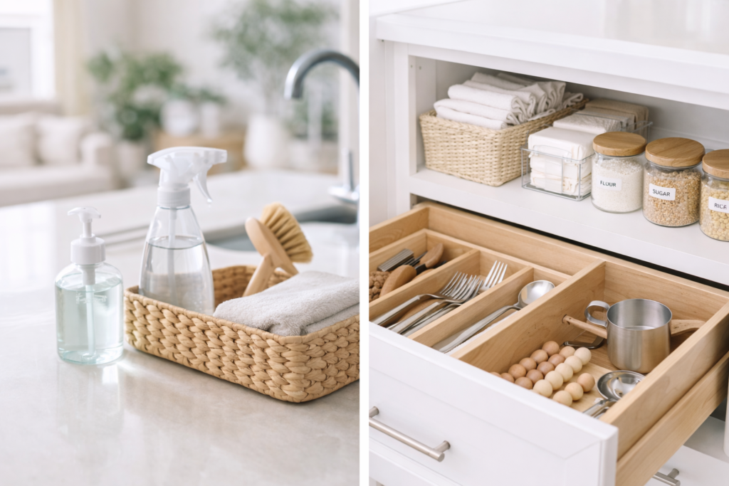 Split view showing cleaning supplies in a woven basket on a kitchen counter and neatly organized kitchen drawers and pantry jars for efficient home organization.