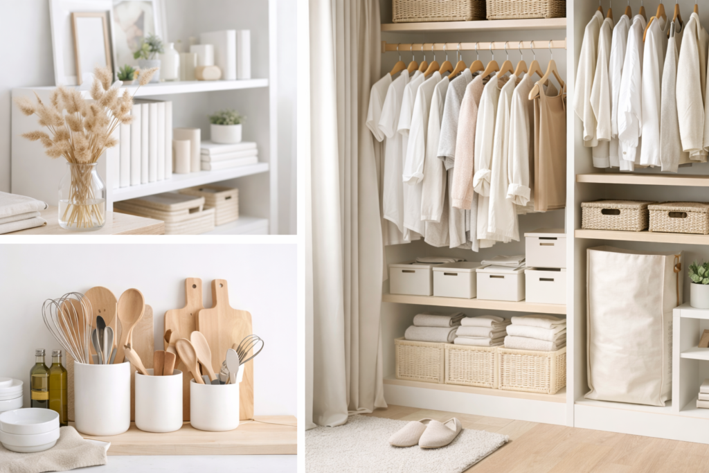 Organized home interior collage showing styled shelves with decor, kitchen utensils on a counter, and a neatly arranged wardrobe with folded linens and storage baskets.