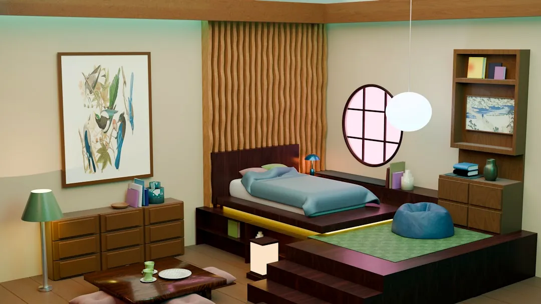 a bedroom with a bed, dresser, and table