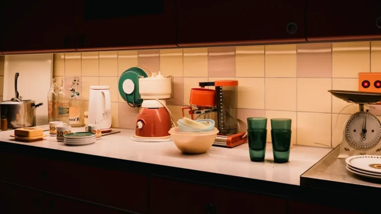 Kitchen counter with appliances and glasses