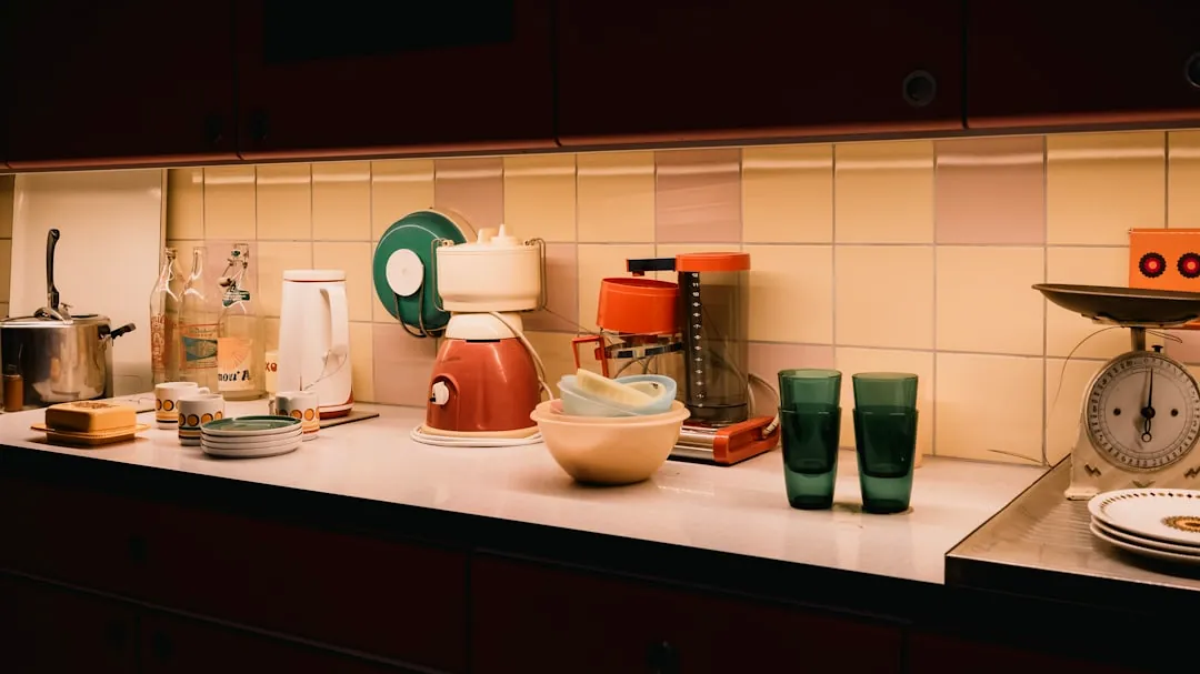 Kitchen counter with appliances and glasses