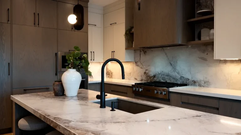 Modern kitchen with marble island and dark faucet.