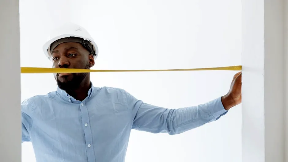 Portrait of a construction worker with a tape measure, working indoors.